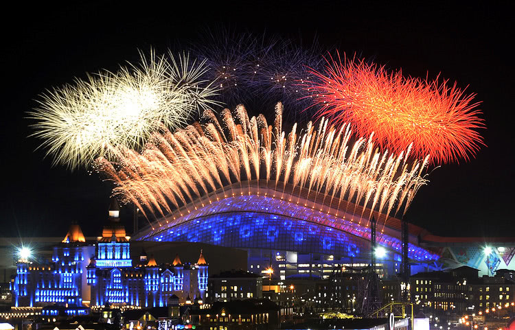 Fireworks exploding over Fisht Olympic Stadium in Sochi